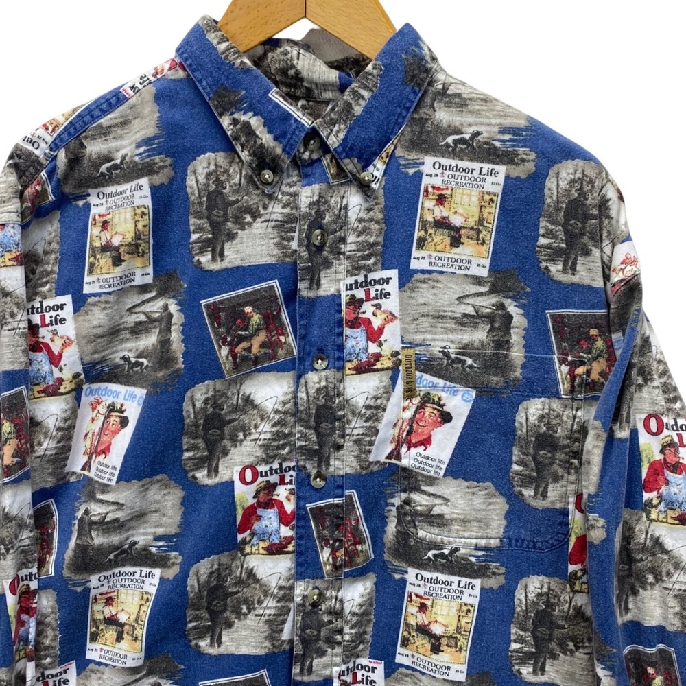 Outdoor Life Button Down Shirt Mens‎ Large Blue Vintage Magazine Print Cotton